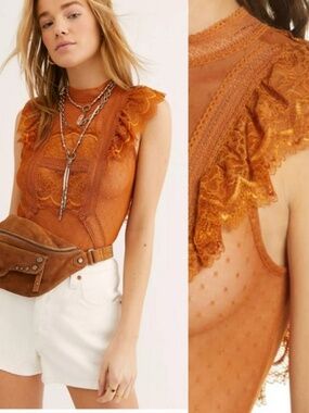 Free People Winnie Lace Bodysuit in Copper